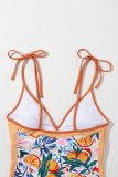 Orange Fruit Plant Print Tied Straps V Neck One Piece Swimsuit