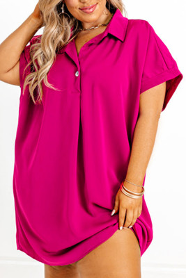 Bright Pink Collared V Neck Short Sleeve Shift Plus Size Dress