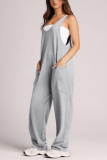 Plain V Neck Pockets Sleeveless Jumpsuit