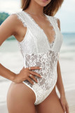 White Full Lace Plunge Backless Bodysuit