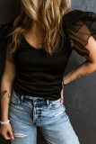 Black Mesh Flutter Sleeve Ribbed Knit Top