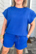 Dark Blue Plus Size Fashion Textured Short 2pcs Outfit
