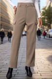 Khaki Side Pockets Straight Pants With Buckle Sash