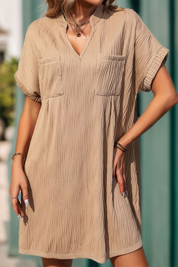 Khaki V Neck Textured Dress