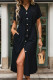 Black V Neck Open Button Drawstring Waist Midi Dress