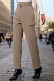 Khaki Side Pockets Straight Pants With Buckle Sash