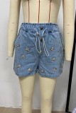 High Waist Rhinestone Washed Denim Shorts