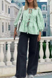 Plaid Stripes Puff Sleeves Tie Knot Top