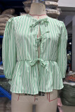 Plaid Stripes Puff Sleeves Tie Knot Top