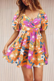 Wrap V Neck Bubble Sleeves Mini Dress