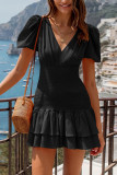 Plain Ruched Smocked Waist Bubble Sleeves Dress
