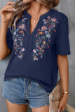 Plain V Neck Embroidery Floral Blouse