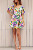 Wrap V Neck Bubble Sleeves Mini Dress