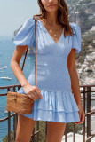 Plain Ruched Smocked Waist Bubble Sleeves Dress