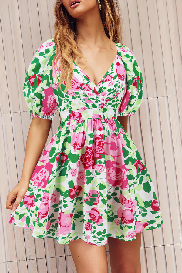 Wrap V Neck Bubble Sleeves Mini Dress