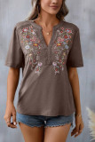 Plain V Neck Embroidery Floral Blouse