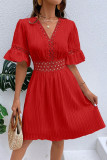 Plain V Neck Ruffle Textured Dress