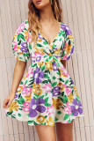 Wrap V Neck Bubble Sleeves Mini Dress