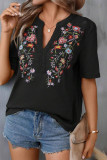 Plain V Neck Embroidery Floral Blouse