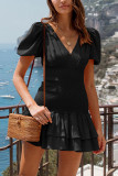Plain Ruched Smocked Waist Bubble Sleeves Dress