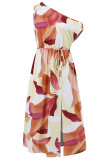 One Shoulder Side Split Drawstring Floral Dress
