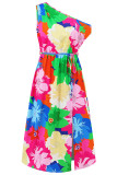 One Shoulder Side Split Drawstring Floral Dress