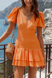 Plain Ruched Smocked Waist Bubble Sleeves Dress