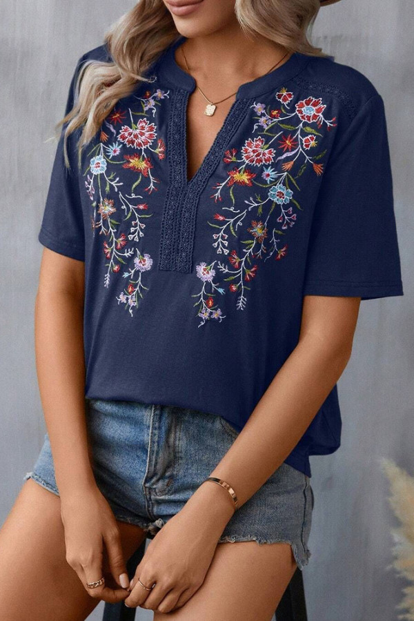 Plain V Neck Embroidery Floral Blouse