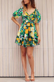 Wrap V Neck Bubble Sleeves Mini Dress