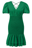 Plain Ruched Smocked Waist Bubble Sleeves Dress