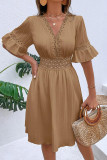 Plain V Neck Ruffle Textured Dress