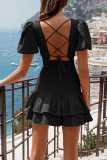 Plain Ruched Smocked Waist Bubble Sleeves Dress
