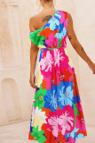 One Shoulder Side Split Drawstring Floral Dress