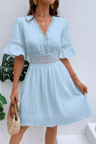 Plain V Neck Ruffle Textured Dress