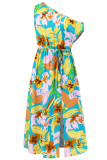 One Shoulder Side Split Drawstring Floral Dress