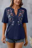 Plain V Neck Embroidery Floral Blouse