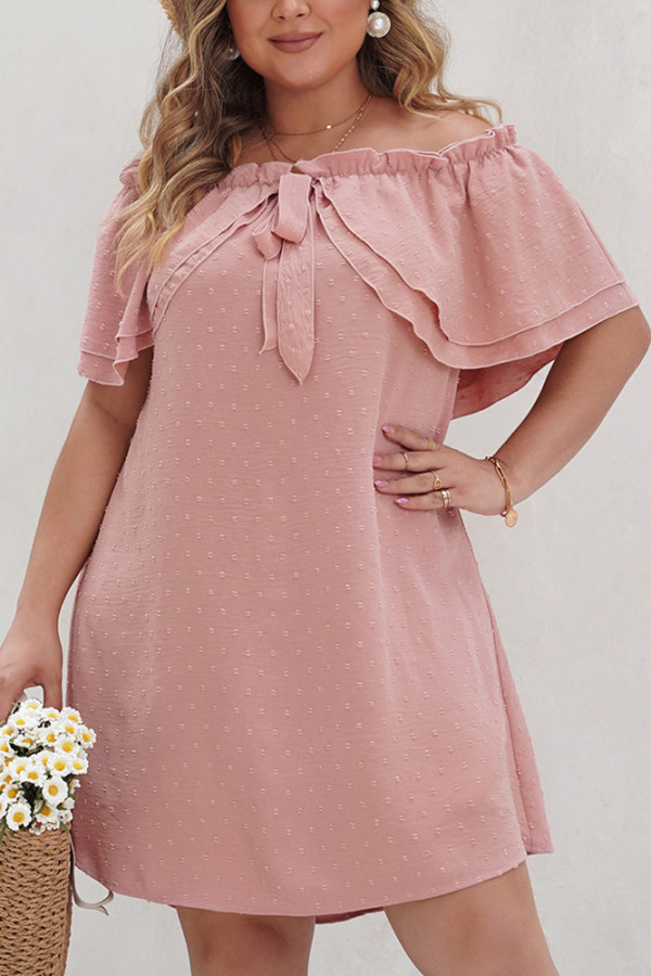 Pink Jacquard Spot Off Shoulder Plus Size Dress