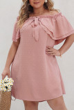 Pink Jacquard Spot Off Shoulder Plus Size Dress