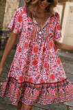 Bohemian Split Collar Buttoned Floral Dress