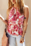 Pitaya Pink Hollowed Halterneck Floral Peplum Tank Top