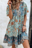 Bohemian Split Collar Buttoned Floral Dress