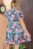 Multicolour Ric-rac Trim Short Sleeve Flared Plus Size Floral Dress