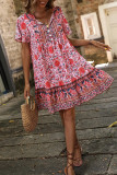 Bohemian Split Collar Buttoned Floral Dress
