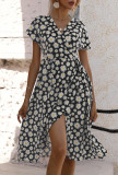 Wrap V Neck Irregular Length Side Sash Daisy Floral Dress