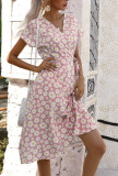 Wrap V Neck Irregular Length Side Sash Daisy Floral Dress