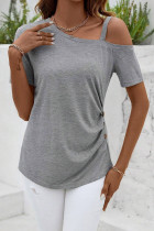 Grey One Shoulder Side Button Short Sleeves Top