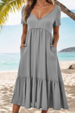 V Neck Splicing Ruffle Long Dress