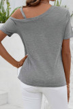 Grey One Shoulder Side Button Short Sleeves Top