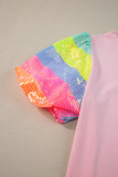 Pink Sequin Colorblock Striped Puff Sleeve Top