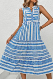 Boho Blue Striped Buttoned Sleeveless Maxi Dress